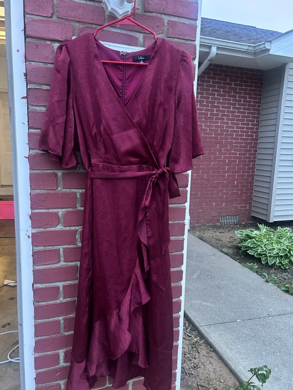 Lulu's Wine-Red Wrap Midi Dress with Tie Waist